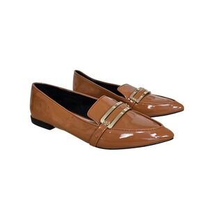 Zara Trafaluc Womens Cognac Brown Patent Pointed Toe Loafers Gold Hardware 38